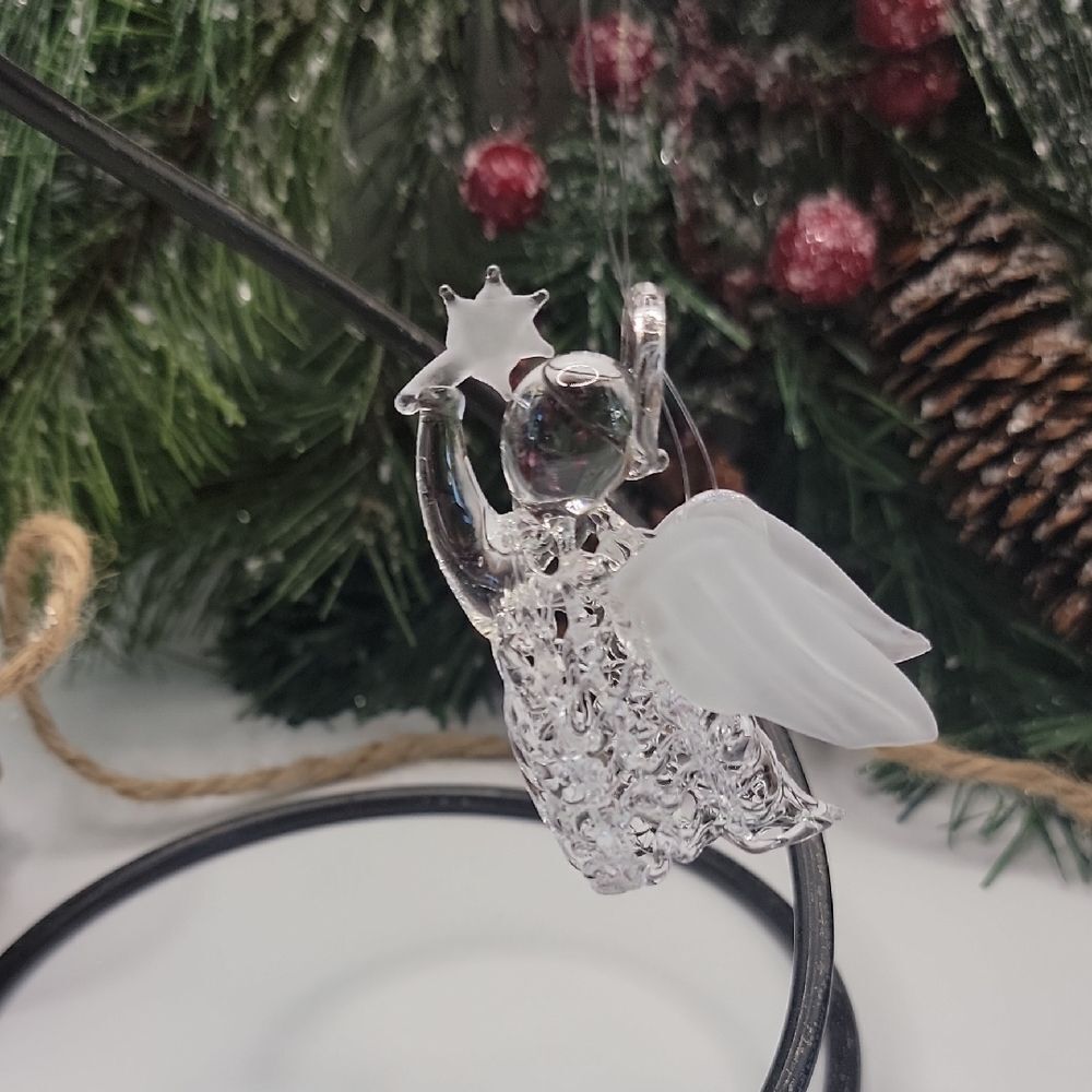 Angel Ornament With White Wings Handblown Glass Vintage